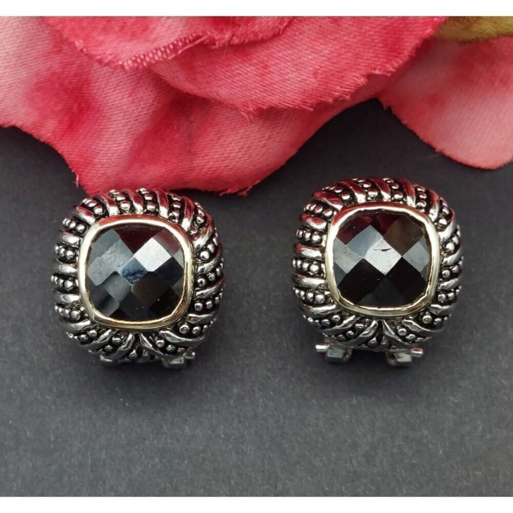 CHAPS Textured Silver Tone & Faceted Black Glass Stone Pierced Stud Earrings